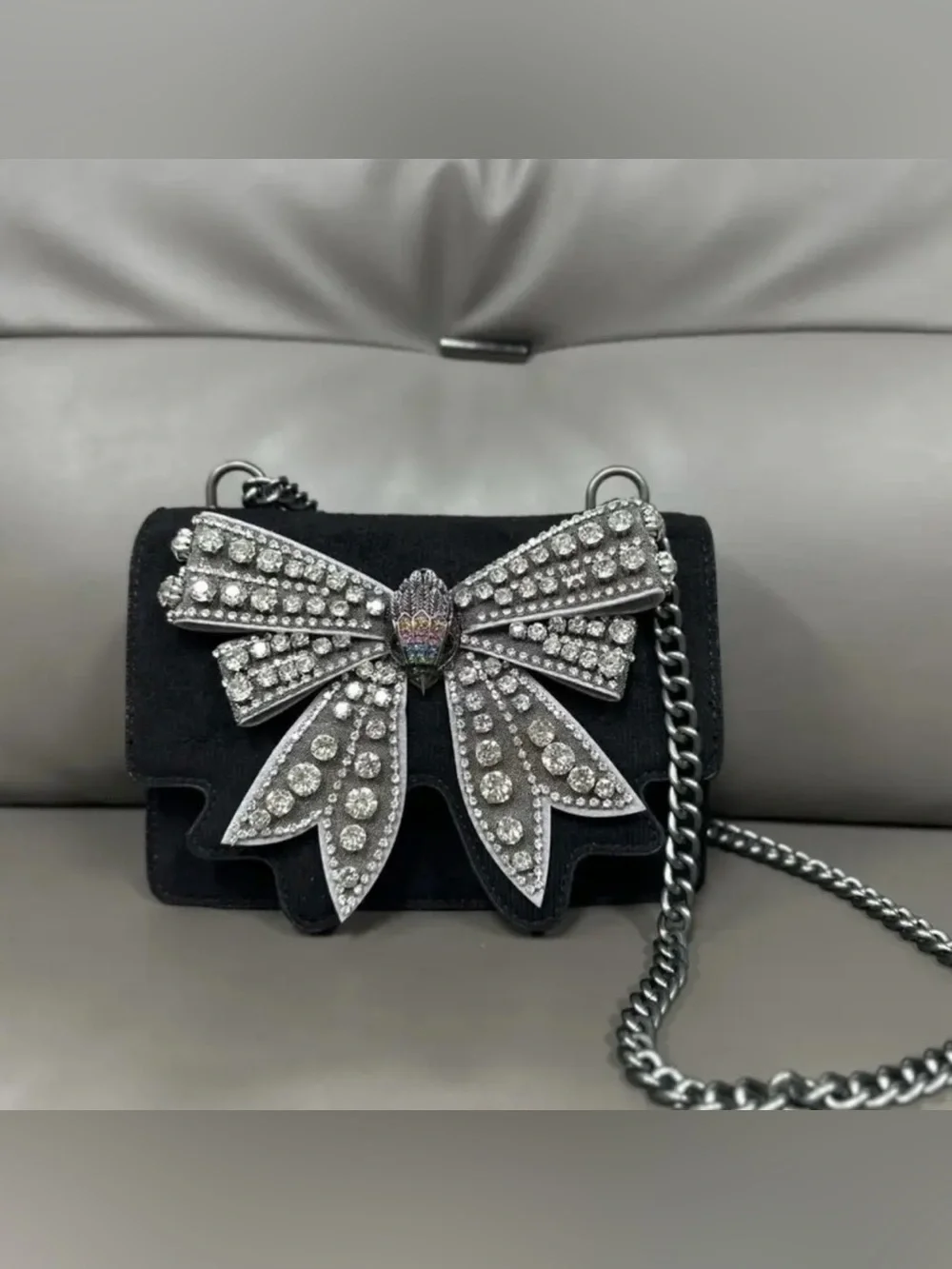 New Kurt Geiger Embellished Black Velvet Chain Shoulder Bag with Crystal Bow